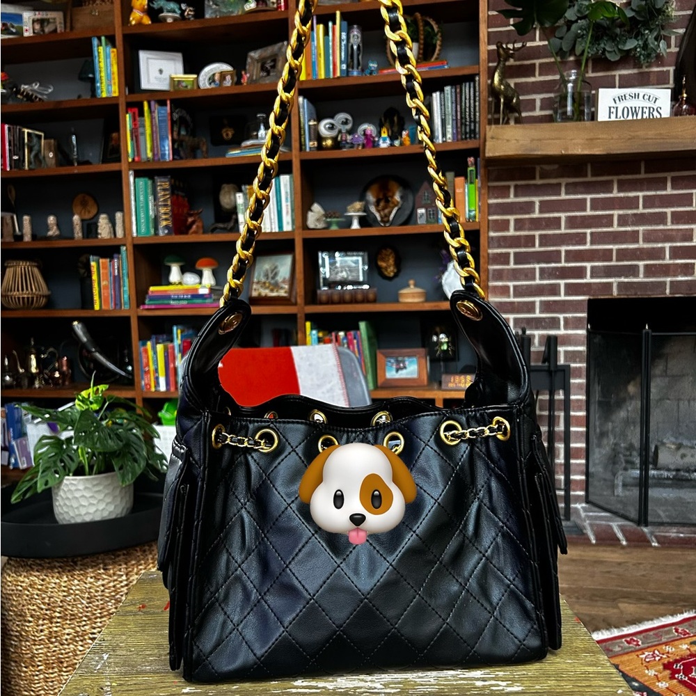 Quilted Black Leather Shoulder Bag with Gold Chain Details